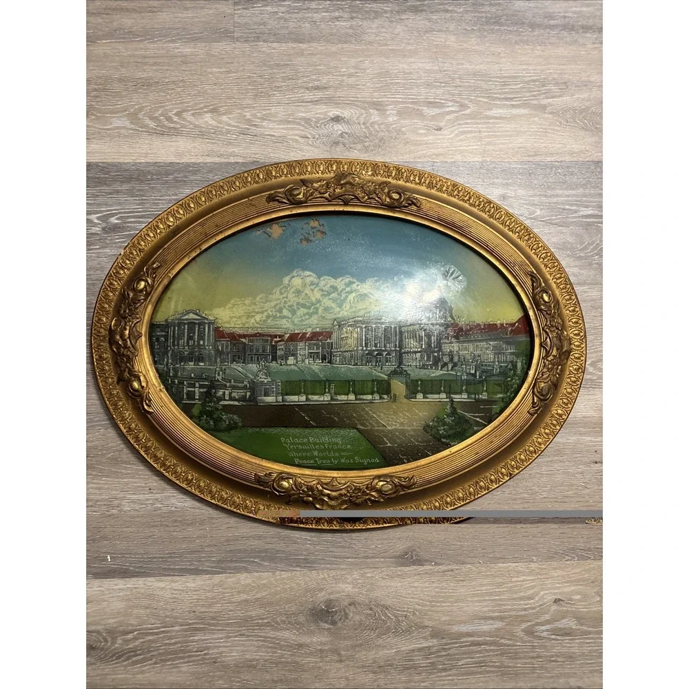 Antique Reverse Painted Bubble Glass Versailles France Gilded Oval Frame 24